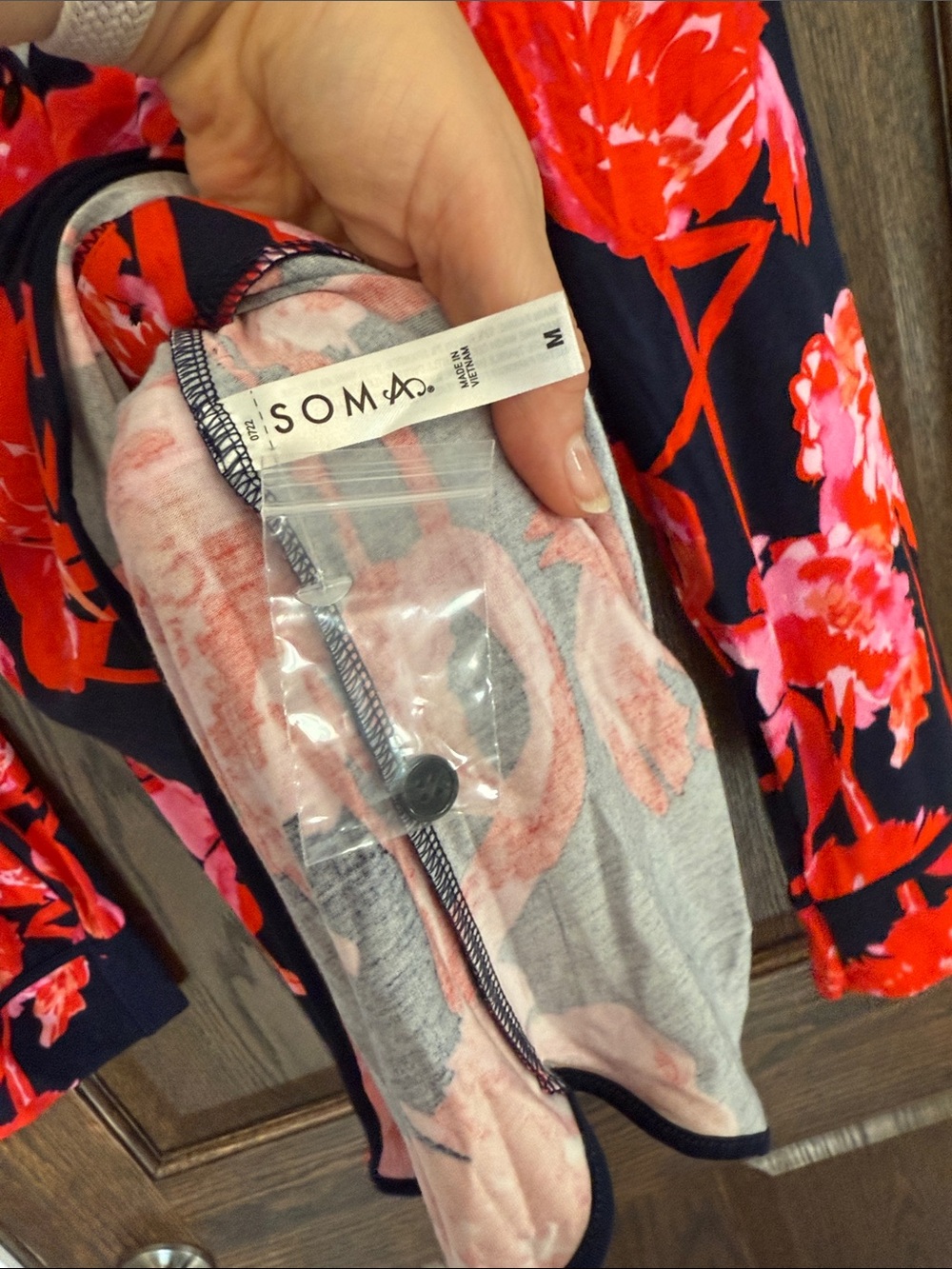 Soma Cool Night Navy red pink flamingoes print long sleeve button down pj top - Picture 6 of 9